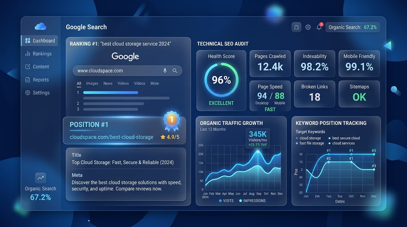 Google Search Ranking #1 and Technical SEO Analytics Dashboard